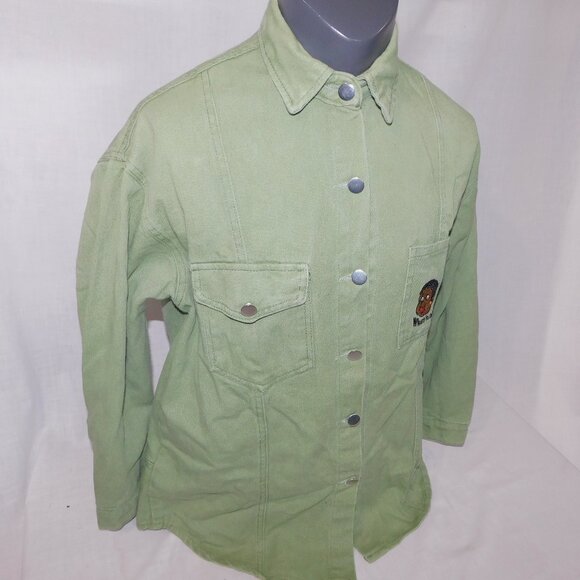 Mens L Green Denim Baby Fat Albert What's Up? Embroidered Long Sleeve Shirt - Picture 3 of 13
